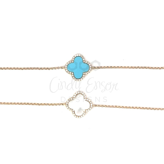 Single Clover Chain Bracelet with Pave Diamond Border