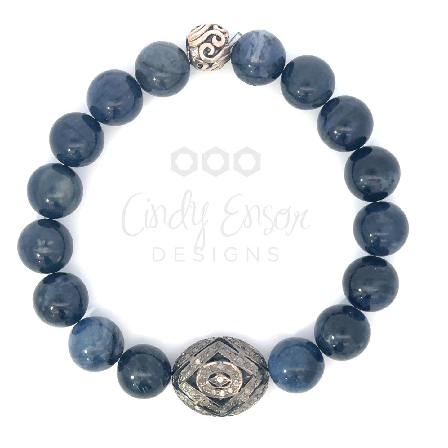 Men's Blue Agate Bead Bracelet with Sterling Pave Diamond Accent Bead
