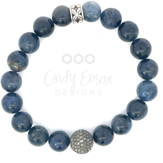 Men's Blue Agate Bead Bracelet with Sterling Pave Diamond Accent Bead