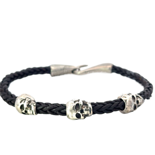 Men's Leather Triple Silver Skull Bracelet