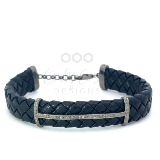 Men's Braided Black Leather Adjustable Bracelet with Sterling Pave Accent
