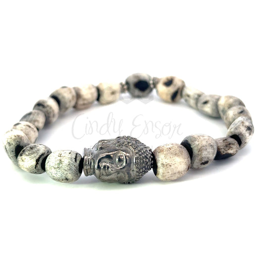 Men's Wooden Bead Bracelet with Sterling Buddha Bead