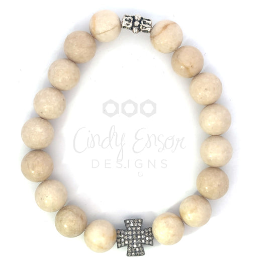 Men's Ivory Agate Bead Bracelet with Sterling Pave Cross
