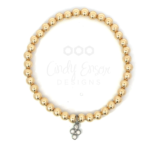 5mm Yellow Gold Filled Bead Bracelet with Sterling Diamond Dot Charm