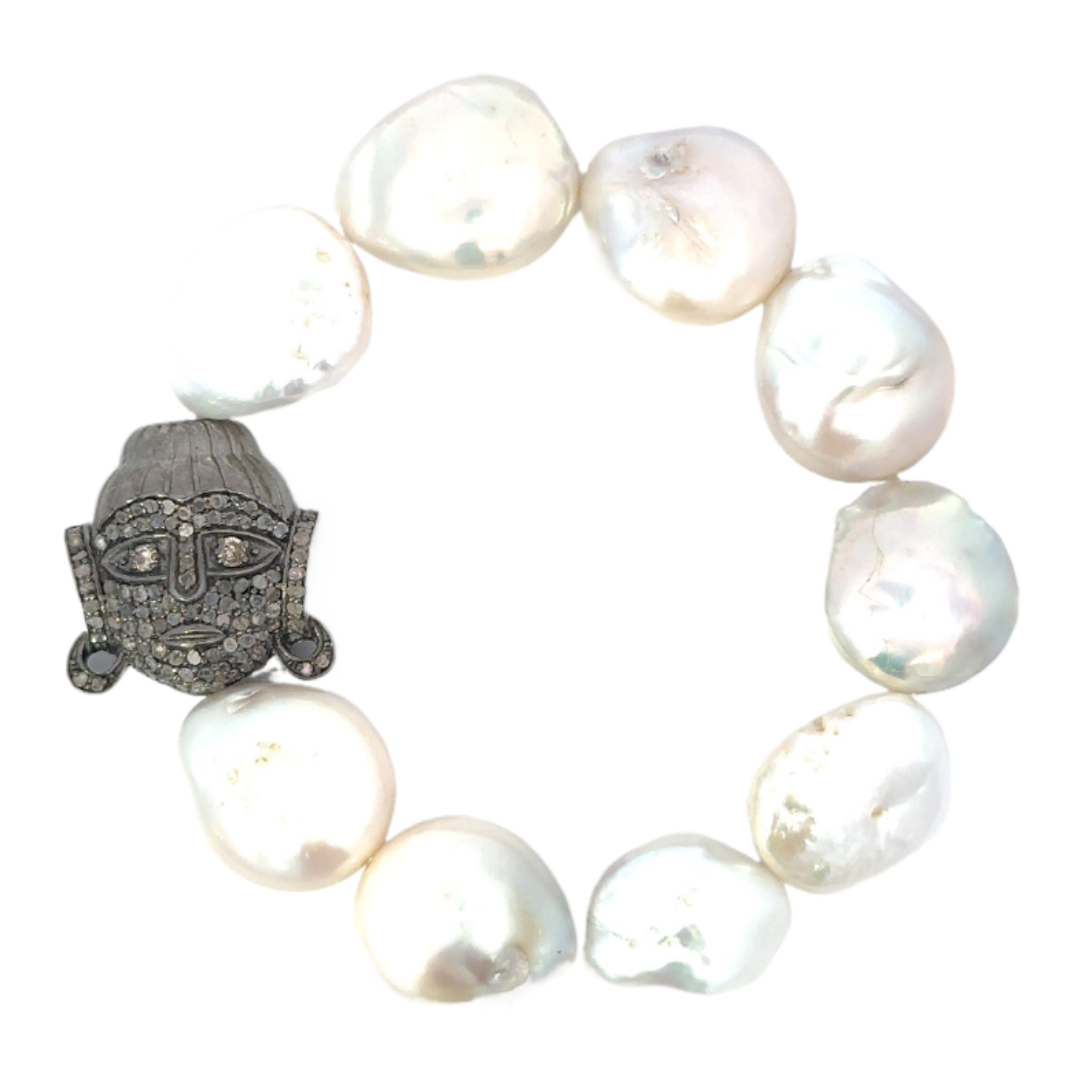 Flat Pearl and Medium Sterling Pave Diamond Buddha Bracelet