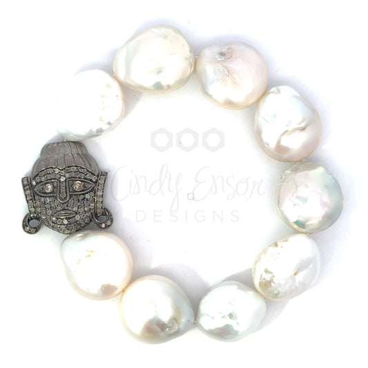Flat Pearl and Medium Sterling Pave Diamond Buddha Bracelet