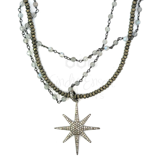 Triple Strand Sterling Diamond Star Necklace
