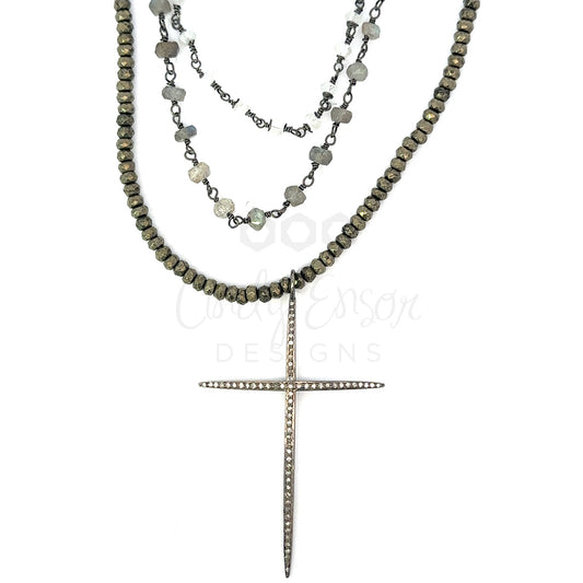 Triple Strand Large Pave Cross Necklace