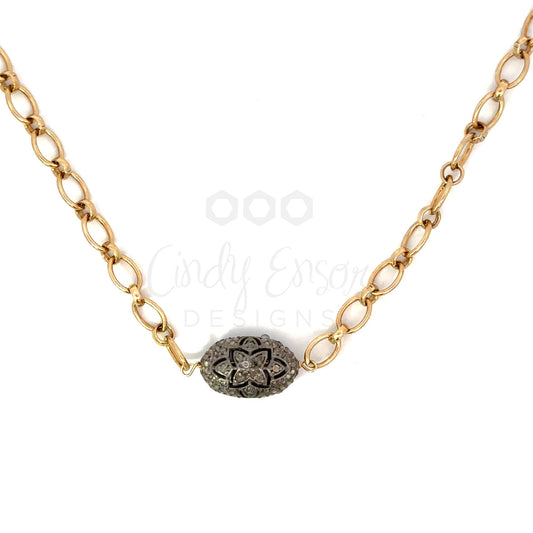 Yellow Gold Filled 16" Oval Chain Necklace with Sterling Pave Bead