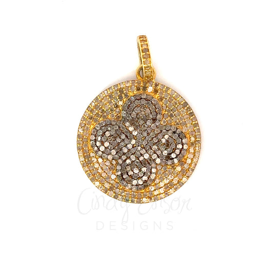 Mixed Metal Pave Disc Pendant with Sterling Clover