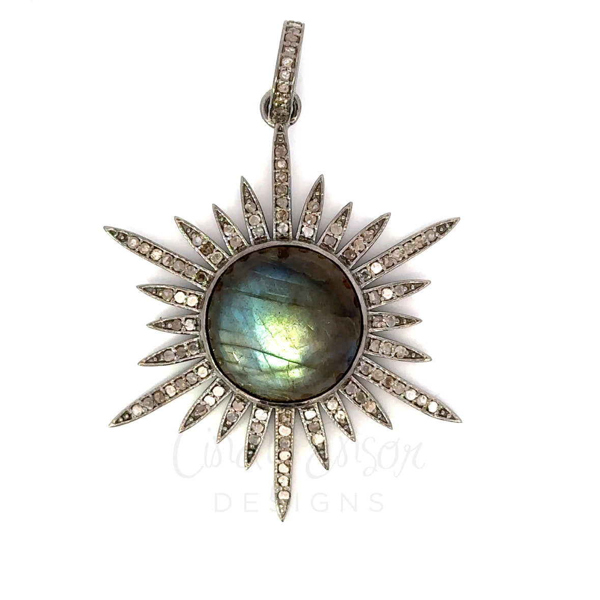 Sterling Pave 6 Point Starburst Pendant with 15mm Labradorite Center