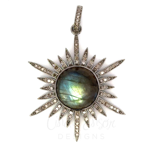 Sterling Pave 6 Point Starburst Pendant with 15mm Labradorite Center