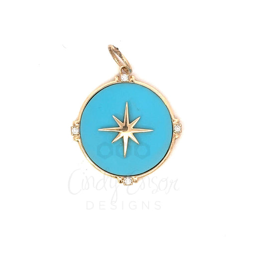 Turquoise Disc Pendant with Center Starburst and Diamond Accents