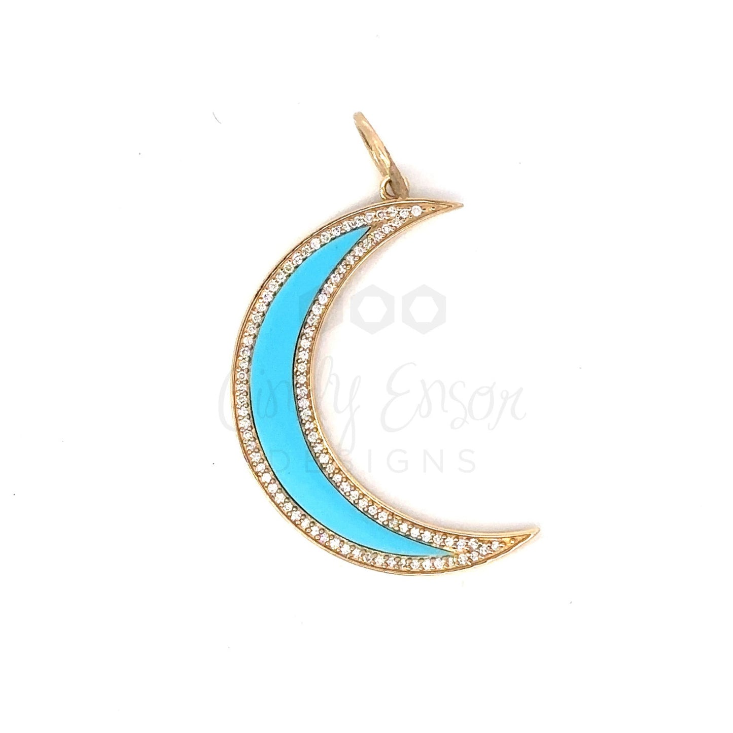 Enamel Crescent Moon Pendant with Pave Diamond Border