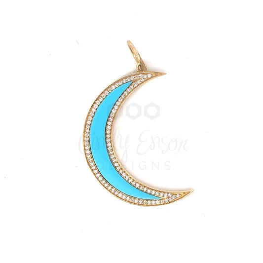 Enamel Crescent Moon Pendant with Pave Diamond Border
