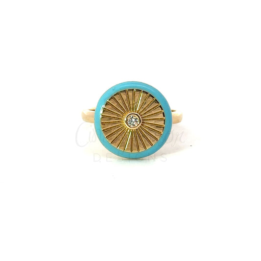 Circle Bezeled Diamond Ring with Turquoise Enamel Accent