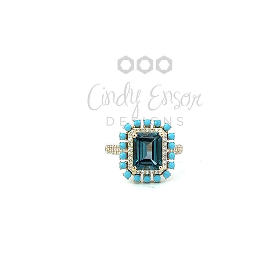 Yellow Gold London Blue Topaz and Turquoise Rectangle Ring with Pave Diamonds