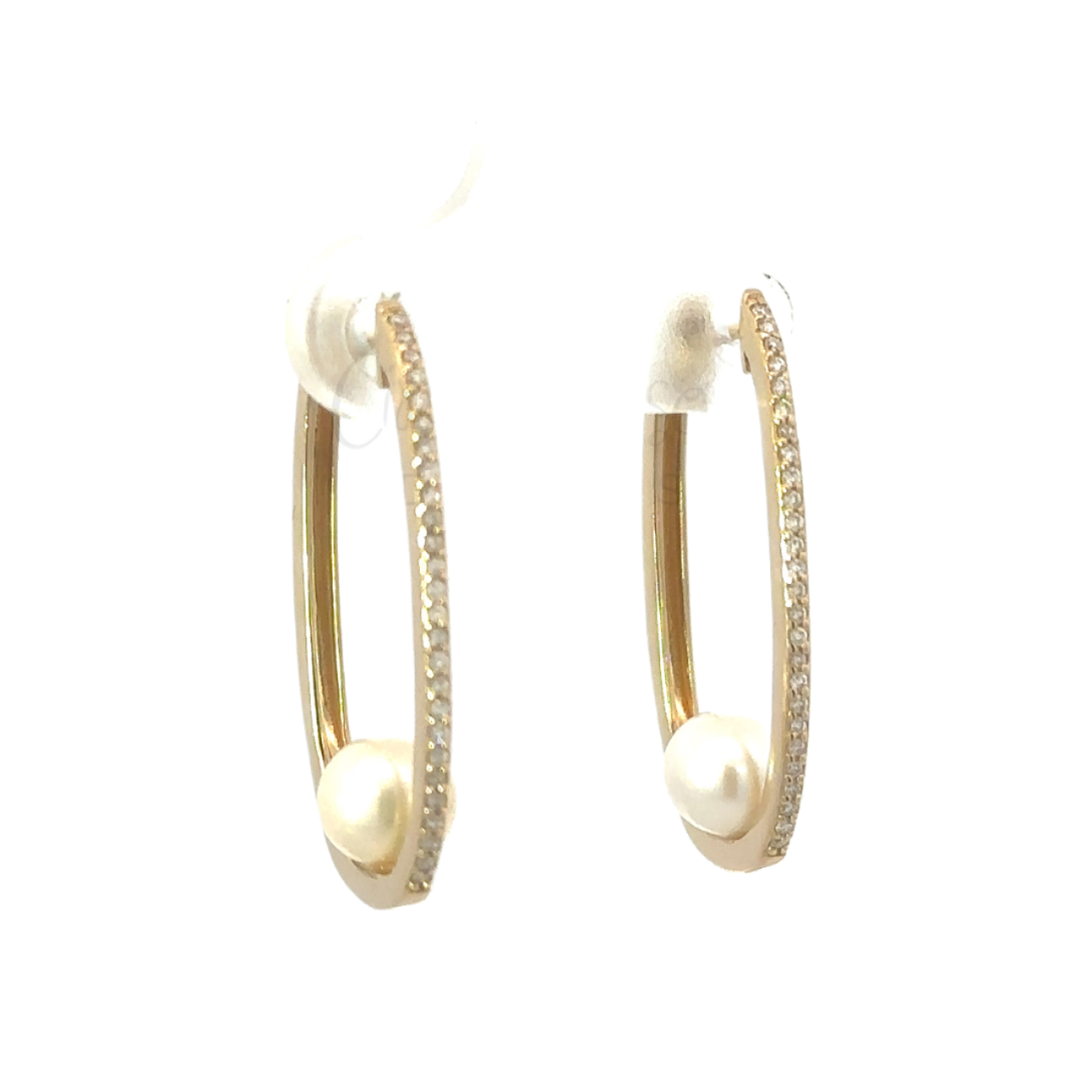 Yellow Gold Single Side Diamond Paperclip Earring with Pearl Accent