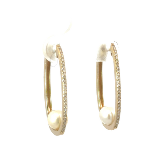 Yellow Gold Single Side Diamond Paperclip Earring with Pearl Accent