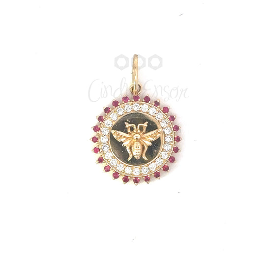 Yellow and Gold Ruby Diamond Disk with Bee Accent Pendant