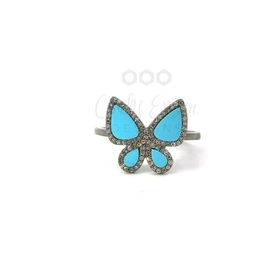 Sterling Silver Enamel Pave Diamond Butterfly Ring