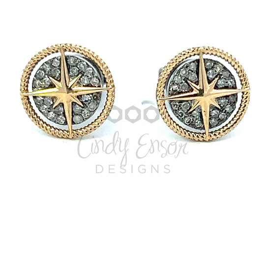Yellow Gold and Sterling Pave Sundial Stud Earring
