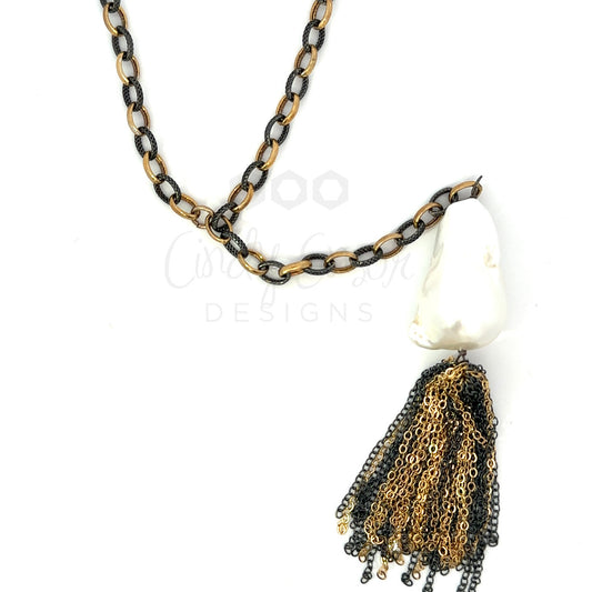 Long Two Tone Necklace with Baroque Pearl Tassel