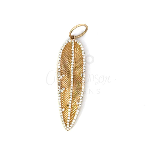 Yellow Gold Feather Pendant with Pave Accent