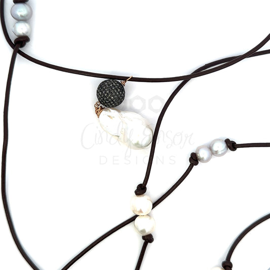 Leather Lariat Necklace with Baroque Pearl and Pave Ball
