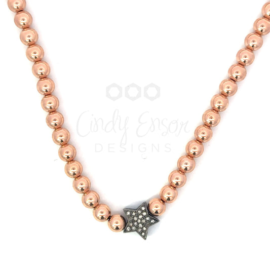 Rose Gold Filled 6mm Ball Necklace with Sterling Pave Star