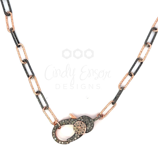 Rose Gold Two Tone Paper Clip Necklace with Single Sided Pave Lobster