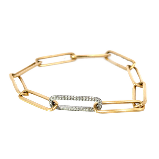 Yellow Gold Paper Clip Bracelet with Pave Diamond Link
