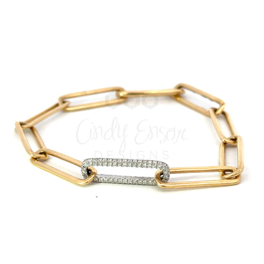 Yellow Gold Paper Clip Bracelet with Pave Diamond Link
