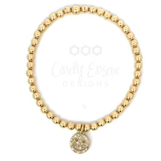 4mm Yellow Gold Bead Bracelet with Pave Smiley Face Charm