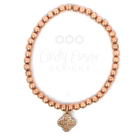 4mm Rose Gold Bead Bracelet with Pave Clover Charm