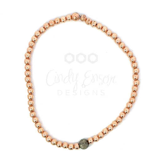 3mm Rose Gold Bead Bracelet with Coin Pyrite Accent