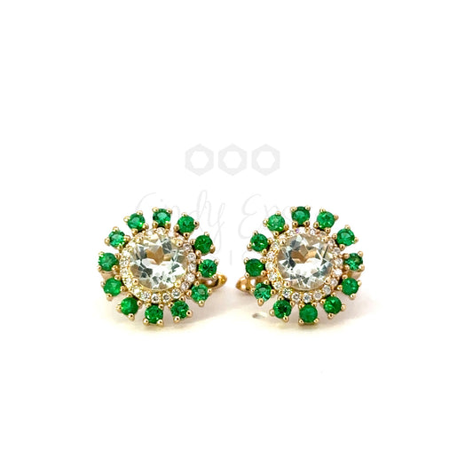 Yellow Gold White Topaz Earring with Emerald Border