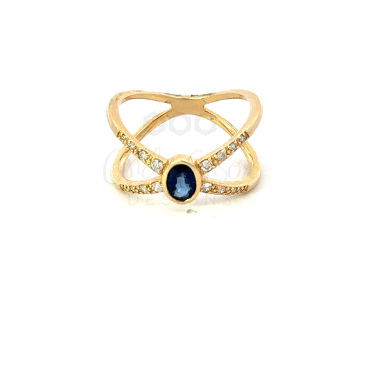 Yellow Gold Pave "X" Ring with Sapphire