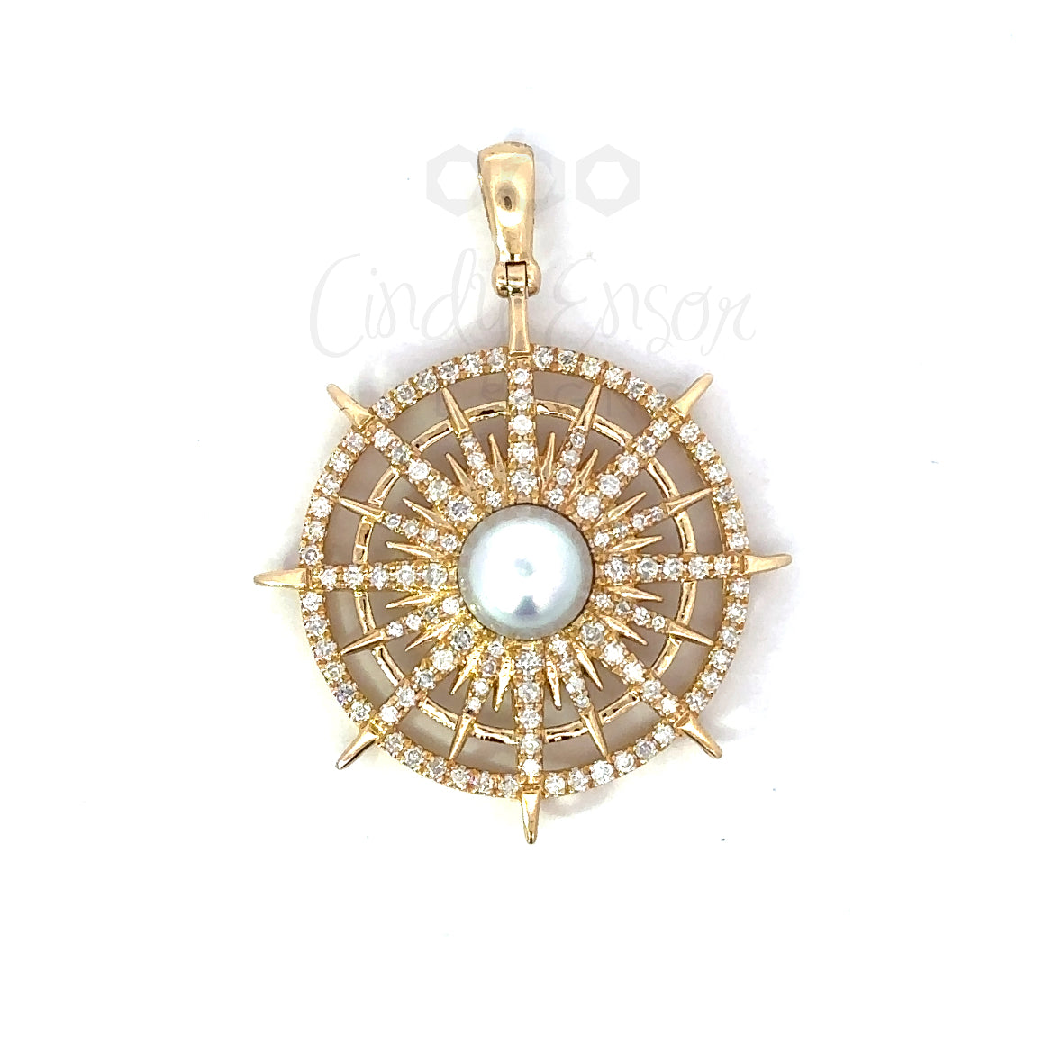 Pave Circle Starburst Pendant with Grey Pearl