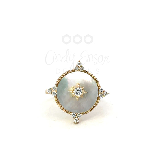 White Mother of Pearl Disc Ring with Diamond Accents