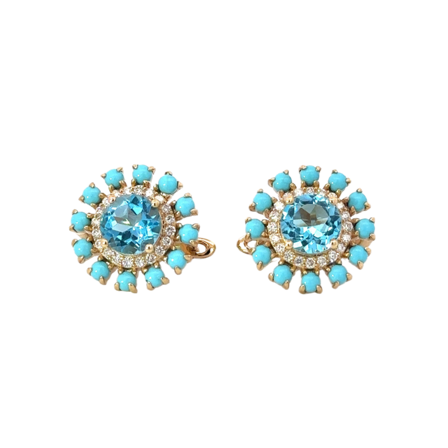 Yellow Gold Round Turquoise, Diamond, and Topaz Earring