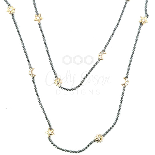 Sterling Bead Necklace with Yellow Gold and Diamond Moon and Star Accents