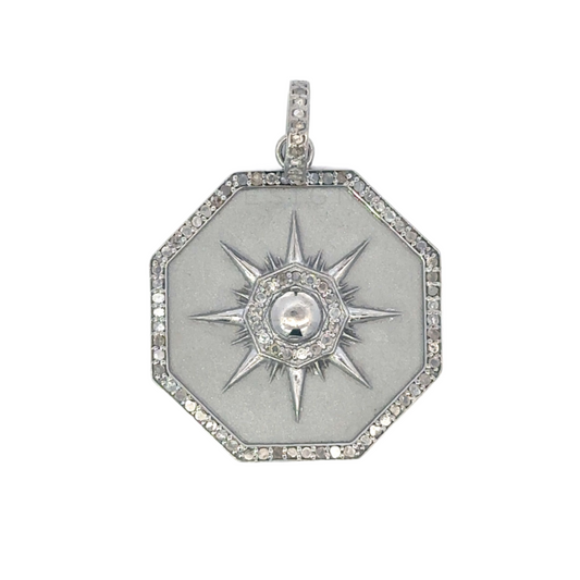 Sterling Silver Brushed Metal Hexagon Pendant with Center Ball
