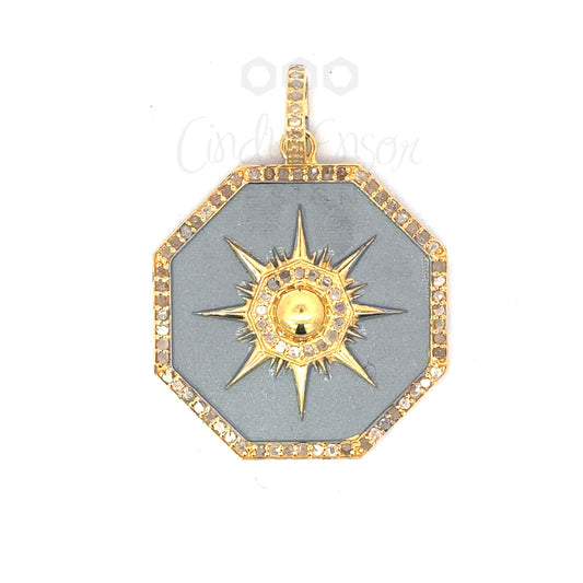 Brushed Metal Hexagon Pendant with Center Stone