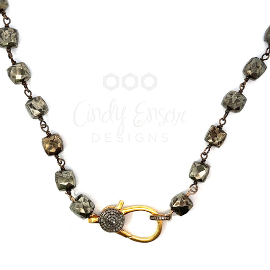 Cubed Pyrite Wire Wrapped Necklace with Vermeil Two Tone Lobster
