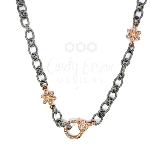Short Oval Link Sterling Chain Accented By Two Rose Gold Pave Flowers and Two Tone Lobster