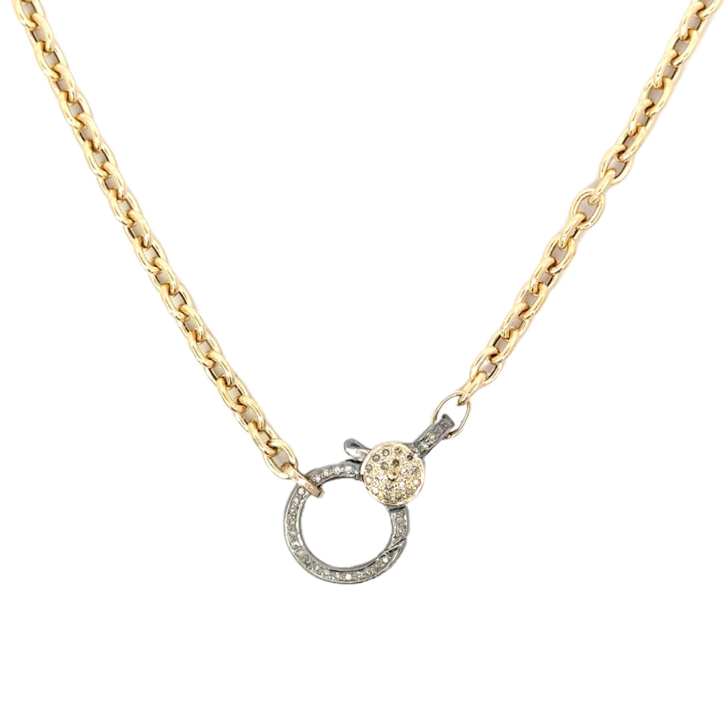 Yellow Gold Oval Chain Necklace with Large Mixed Metal Pave Lobster