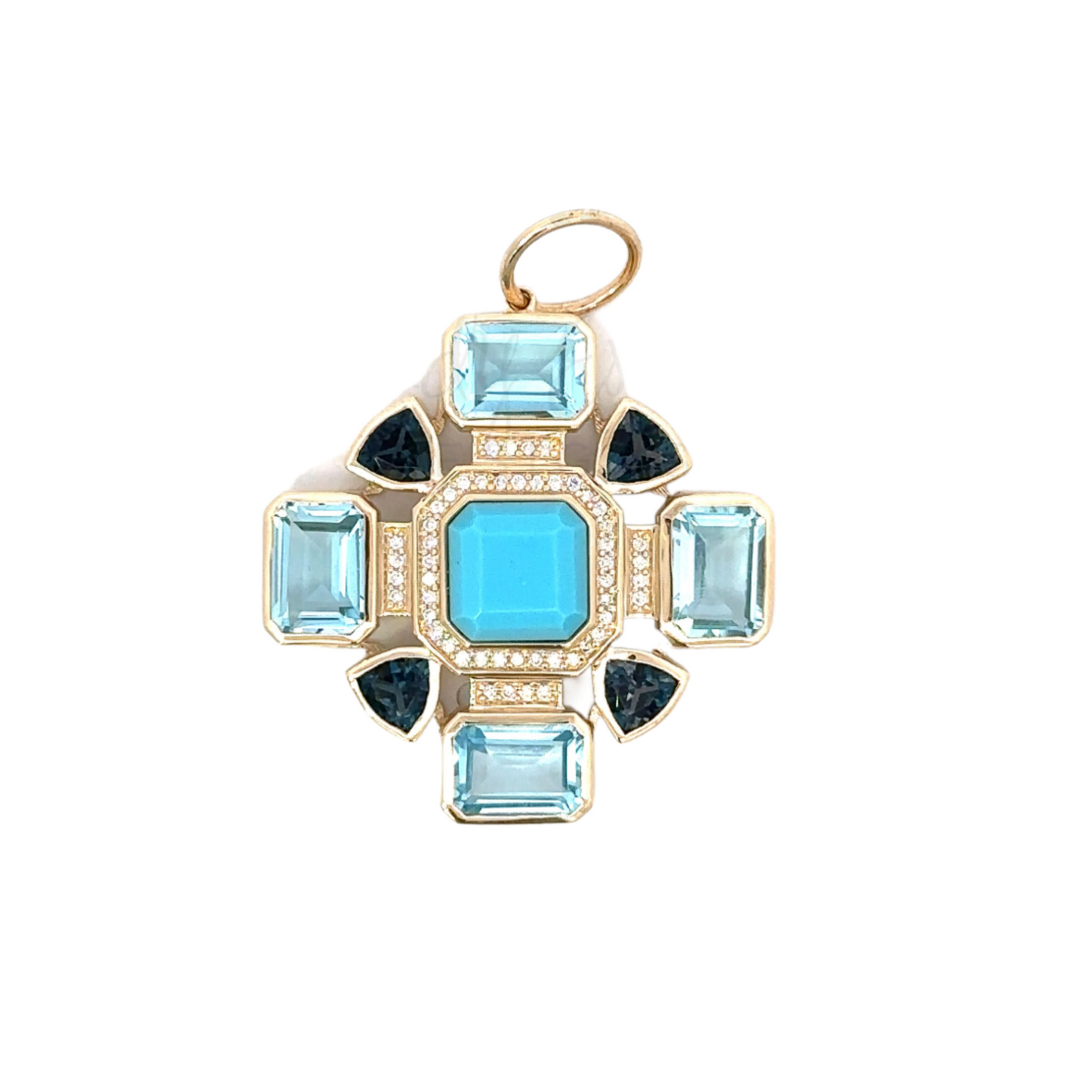 YG London Blue Topaz, Blue Sapphire, Turquoise and Diamond Cross Shaped Pendant