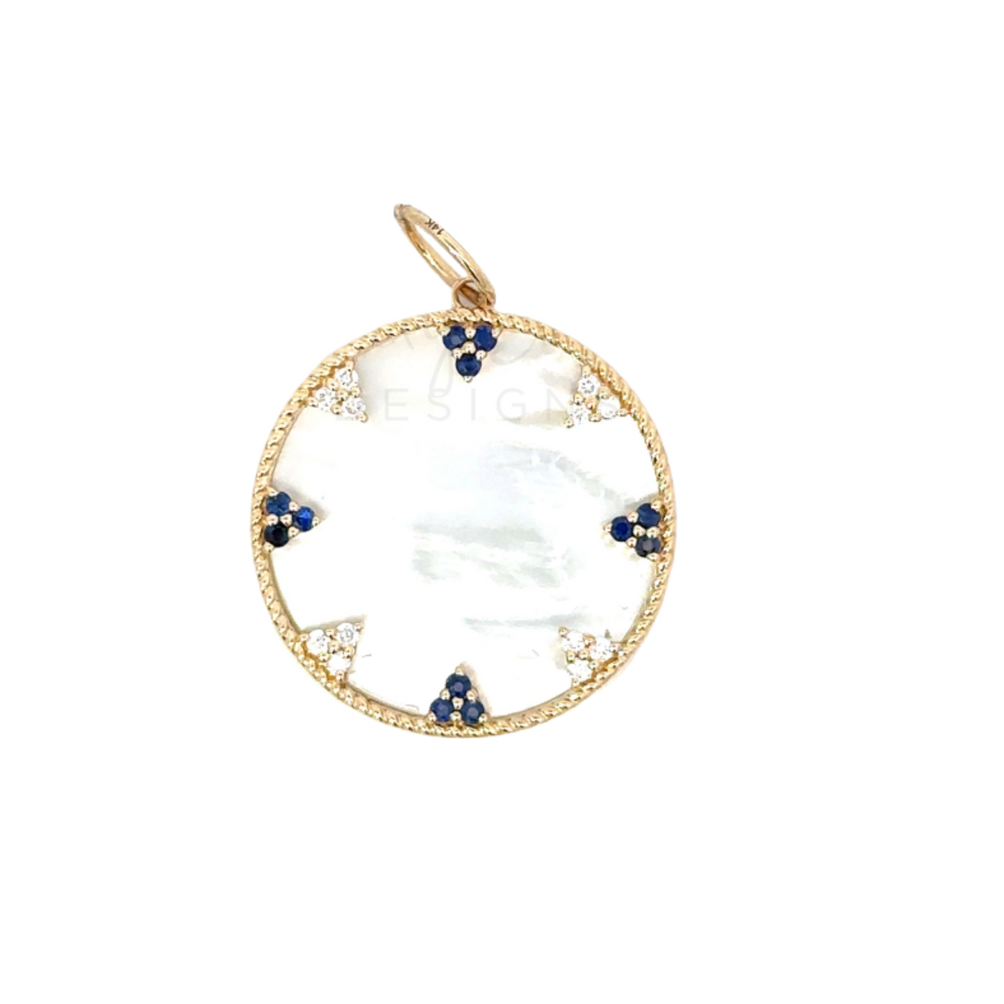 Circle White Mother of Pearl Pendant with Blue Sapphire and Diamond