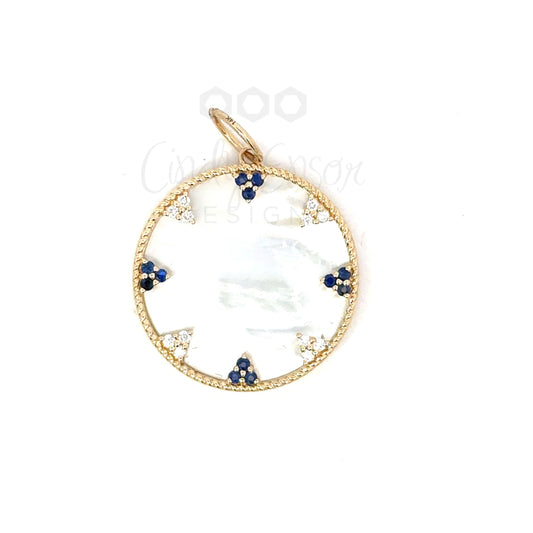 Circle White Mother of Pearl Pendant with Blue Sapphire and Diamond
